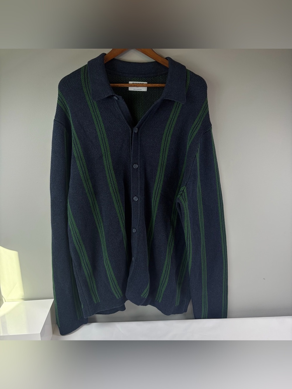 NWT Old Navy Men's XXL Cotton Knit Cardigan Button-Front Navy Green Striped